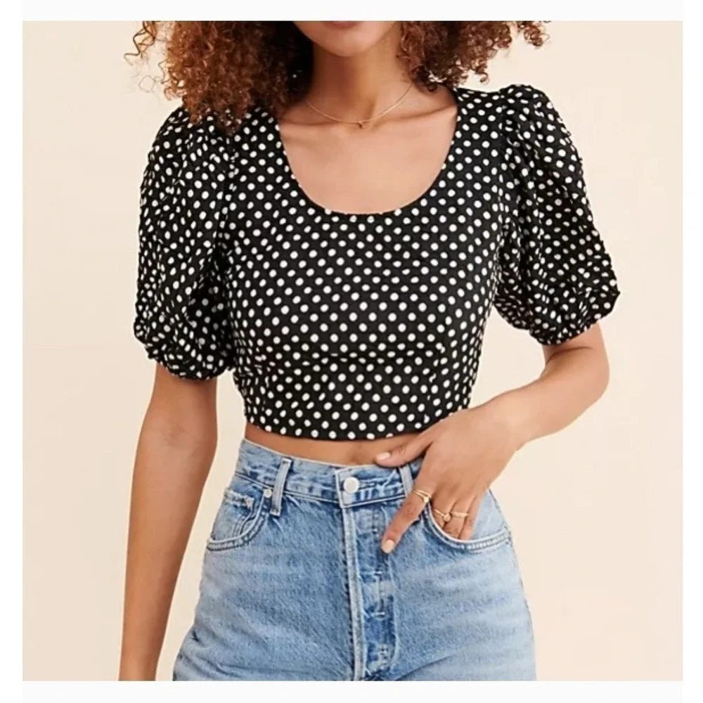 Free People Black White Polka Dot Puff Sleeve‎ Crop Top Blouse Women's Size S